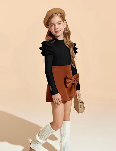 Image of Girls Clothes 2 Piece Ruffle Long Sleeve Shirt Top and Bow Plaid Skirt Set Girls Fall Winter Outfits 6-16 Years