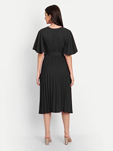 Image of KUDUZO Women's Crepe Long Pleated Below Knee Length Flutter Sleeve Round Neck S to XL Maxi Dress for Girls. (EG-U0IM-B9A1)