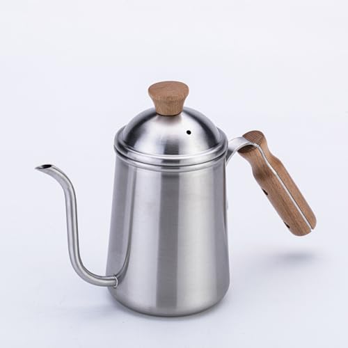 コーヒーポット ドリップポット ケトル ステンレス 木製ハンドル付き 厚手 業務用 650ML フタ付き 細口 アウトドア キャンプ ハンドドリップ用 ロングノズル 家庭用 屋外用 (650ml,シルバー)