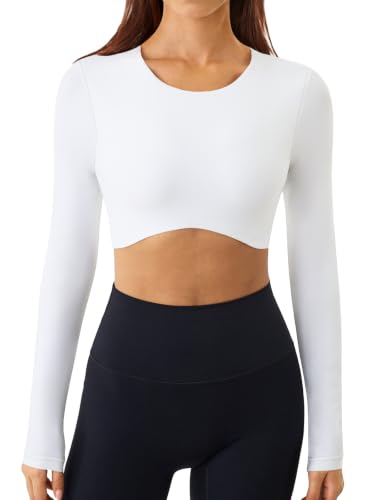 3rd Hill Women's Long Sleeve Crop Top – Double‑Lined Crewneck Shirt for Workout, Yoga & Casual Wear – White, Size S