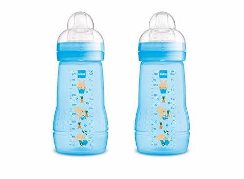 MAM Pack 2 Biberones, 2-4 Meses, 270ml, con Tetina 2 de Flujo Medio de Silicona de Fácil Aceptación, Fácil de Sostener, Fácil de Limpiar, MAM Easy Active, Azul Brillante, Pack de 2uds