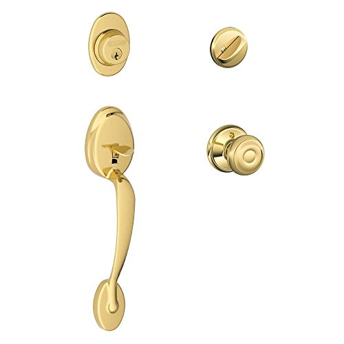 Schlage F60 V PLY 505 GEO 605 Plymouth Bright Brass Handle Set with Georgian Knob