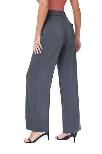 Women Wide Leg High Waisted Flowy Dress Pants Workout Casual Trousers Dark Grey