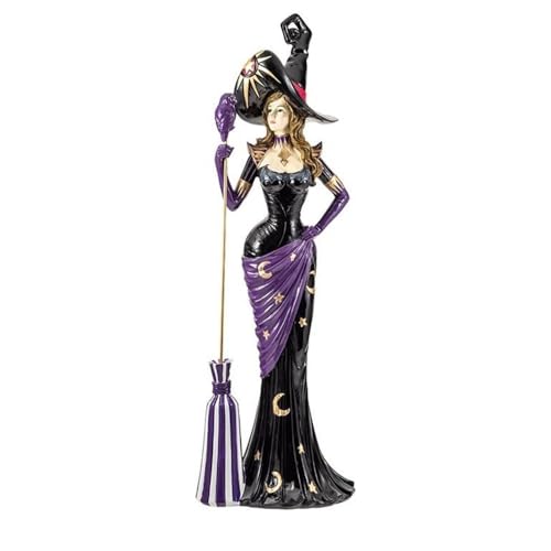 Figurine sorcière résine 57 cm avec balai déco Halloween statuette rayures couleur