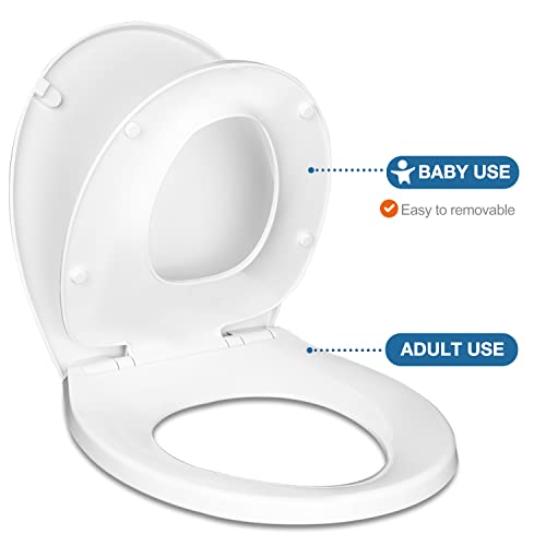 Round Toilet Seat With Built-In Toddler Seat, 2 In 1 Family Toilet Seat For Potty Training, Magnetic Kids Seat, Slow Close, Plastic, White #TOP1
