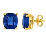 SeagullIN Women's 18K Gold Plated 8x10mm Princess Cut Gemstone Stud Earrings – Birthstone Jewelry for Her – Classic Cushion Studs (Blue Sapphire)