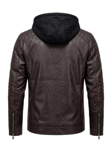 Image of Blaq Ash Men's Faux Leather Biker Jacket with Removable Hood, Quilted Shoulder, Dark Brown