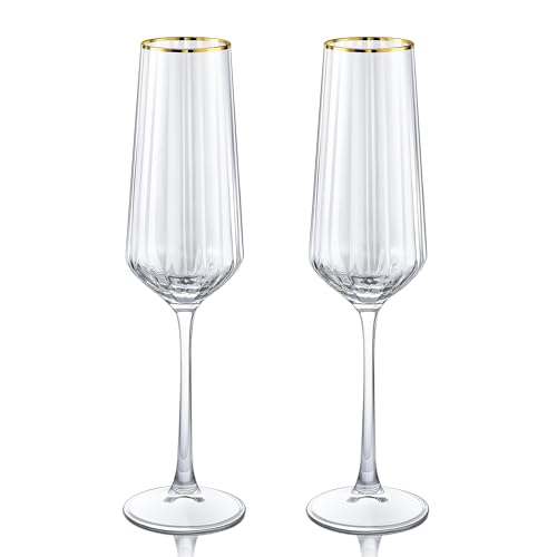 Joeyan 270ml Flute da Champagne Eleganti in Vetro con Bordo D'oro,Set di 2 Bicchieri Spumante a Strisce,Cristallo Calici Natalizi,Calici Vino per Feste,Matrimoni,Compleanni,Lavabile in lavastoviglie