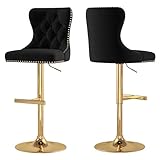 GOOLON Bar Stools Set of 2, Velvet Swivel Counter Height Stools with Tufted Back, Adjustable Seat with Nailheads Trim, Upholstered Bar Chairs with Gold Base for Kitchen Island, Pub, Black