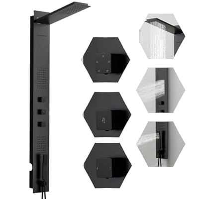 BWE Modern Rainfall Shower Panel Tower System Multi-function 304 Stainless Steel Shower Tower Massage System with 2 Powerful Body Jets and Shower Hand Black