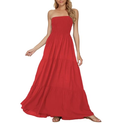 Image of Women's Summer Strapless Tube Top Maxi Dresses Off Shoulder Boho Beach Long Dress