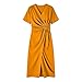 Pbawab Elegant Knot Wrap Midi Dress for Women Wear to Work Short Sleeve Summer V Neck Party Cocktail Casual Fashion Dresses Orange