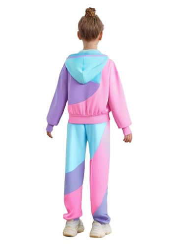 TiaoBug Kids Girls Long Sleeve Color Block Hoodie with Sweatpants 2 Piece Tracksuit Casual Streetwear2