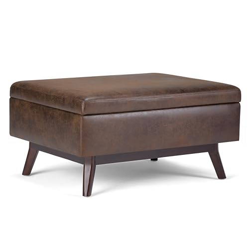SIMPLIHOME Owen 34 inch Wide Mid Century Modern Rectangle Coffee Table Storage Ottoman in Distressed Chestnut Brown Vegan Faux Leather, Assembled, For the Living Room, Entryway and Family Room