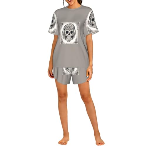 Pyjama tête de mort mexicaine femme short et t-shirt, ensemble de nuit homewear coton