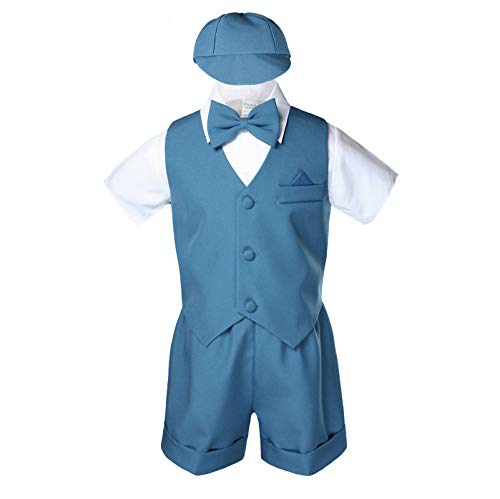 Unotux Teal Infant Boys Toddler Eton 5pc Formal Vest Shorts Set Suits Hat S-4T (3T)
