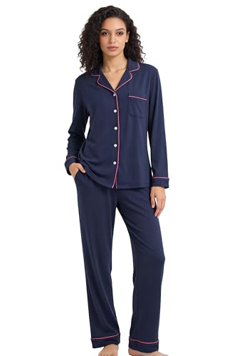 Image of HEARTNICE Womens Pajama Set, Soft Long Sleeve Pajamas & Long Pants with Pockets, Button-up Sleepwear Lounge Pjs
