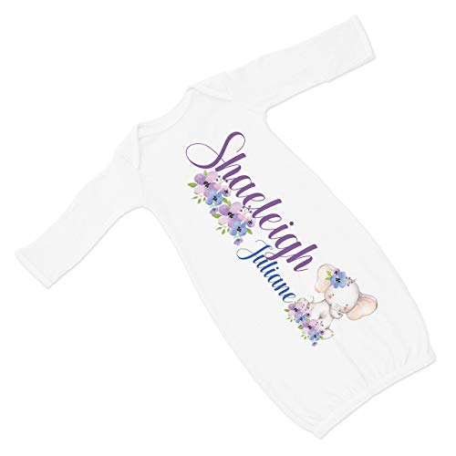 New Baby Girl's Printed White Elephant Personalized Infant Gown with Purple and Blue Coming Home Outfit