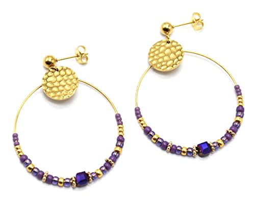 BO2123 - Boucles d'Oreilles Bille, Médaille Martelée Acier Doré et Anneau Perles Violettes Cover