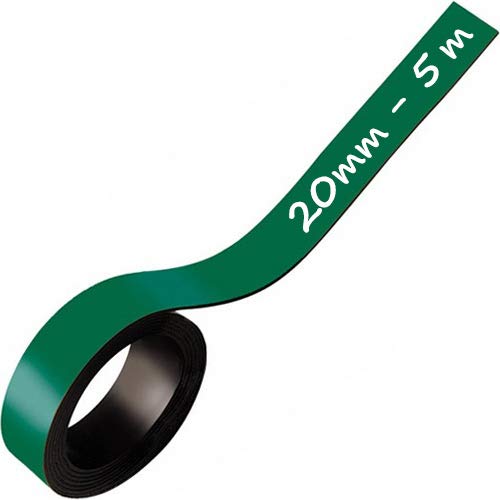 Bande magnétique de Couleur effaçables à Sec 20 mm x 5 m - Rouleau de Étiquettes Magnétiques Inscriptibles - Ruban aimanté pour étiqueter et marquer, Couleur:Vert