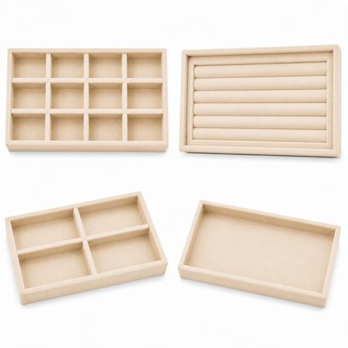 Image of La Trove Set of 4 Stackable Jewelry Organizer Trays for Drawer, Cream | Stackable set of 4 velvet trays for rings, earrings, necklaces, jhumkas and bangles, ideal for drawer jewelry storage
