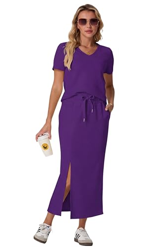 Image of GRECERELLE Women Summer Casual 2 Piece Sets V-Neck Wrinkle-Free Top & Elastic Waist Midi Side Slit Skirt with Pockets