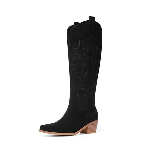 VIMISAOI Western Cowboy Boots for Women Knee High Wide Calf Cowgirl Boots with Embroidered Design Pull-On Pointed Toe Chunky Heel Retro Tall Boot by VIMISAOI - Used condition - US$18.51