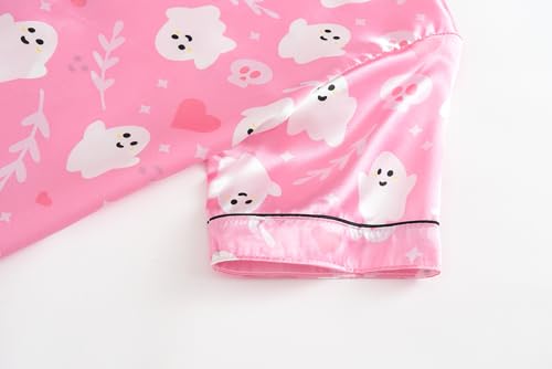 Pink Ghosts Halloween Satin Pajamas for Big Girls Silk Button Down Short Sleeve & Pants PJS Clothes Size 8-164