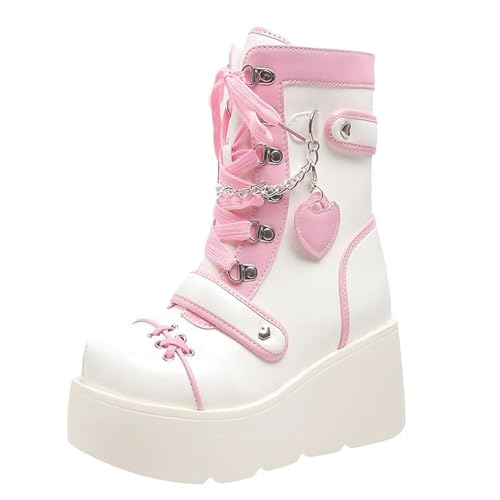 SACFOF Women's Combat Boots Lace Up Wedge Chunky Platform Ankle Booties Goth Punk Cute Heart Lace Up Rave Booties with Chain - Main Image
