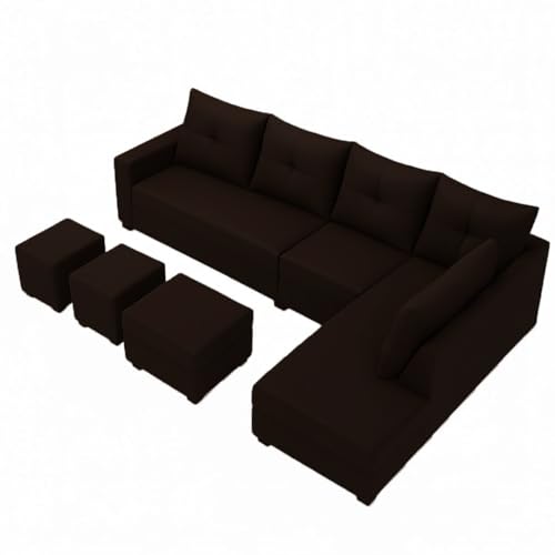 Image of SOCOZI Oriana 8 Seater RHS L Shape Sofa Set | Velvet Suede Fabric L Shape Sofa for Livingroom with 2 Ottoman & Centre Table (Dark Brown)
