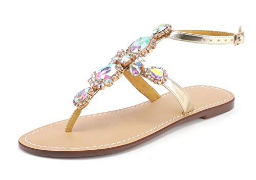 Image of ZhuLinFeng Women'S Rhinestone Gladiator Sandals Flat Wedding Sandals Gem Pearl Sparkling Bridal Bridesmaid Sandals Blue Bohemian Sandals