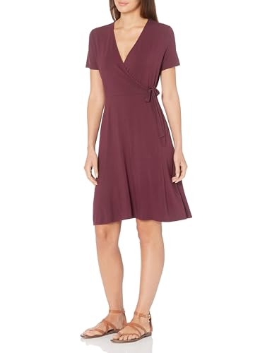 Amazon Essentials Damen Kurzärmliges Kleid mit Wickeloptik, Burgunderrot, L