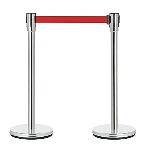 Image of DuraSteel Crowd Control Barriers Stanchions with Retractable Belts & Sign Holder - Metal Stanchion Posts w / 6.5ft Black Retractable Barrier Belt Ropes - Queue VIP Safety Line Dividers - Set of 6 Poles