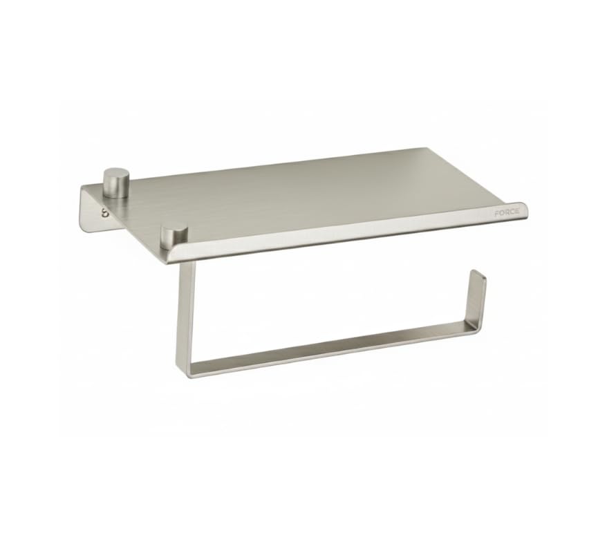 Image of Force Toilet Paper Roll Holder with Built-in Mobile Stand Shelf - Premium Stainless Steel Wall-Mounted Bathroom Tissue Holder | Rust-Resistant, Space-Saving, Modern Design
