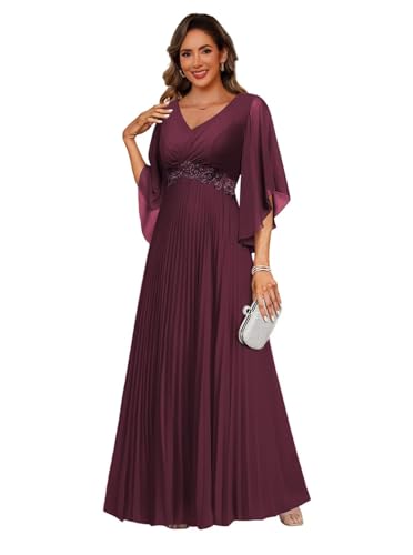 Women's 3/4 Sleeve Ruffles Mother of The Bride Dresses Lace Applique Pleated Formal Party Dress DE569