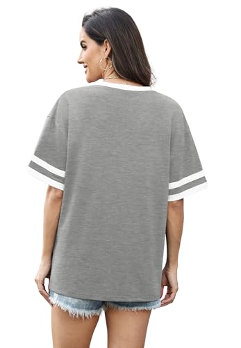 Image of WIHOLL Womens T Shirts Loose Fit Short Sleeve Tees V Neck Color Block Summer Tops 2026 Fashion S-4XL