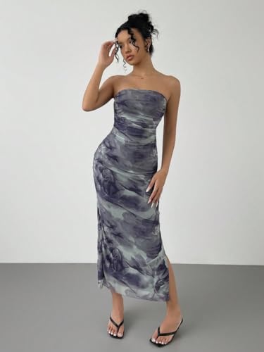 Image of Women's Mesh Floral Strapless Bodycon Maxi Dress Ruched Long Tube Dresses Summe Sexy Party Club Dress Y2K Dresses