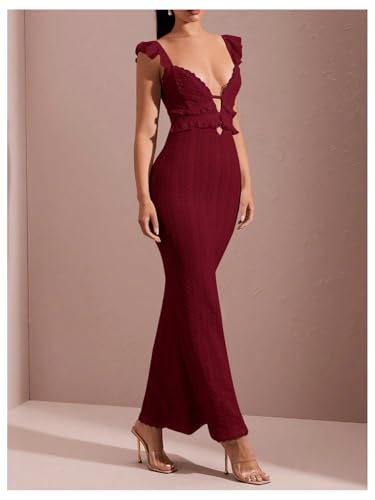 Image of WDIRARA Women's Textured Cut Out Backless Bodycon Maxi Dress Ruffle Sleeveless Fishtail Cami Dresses