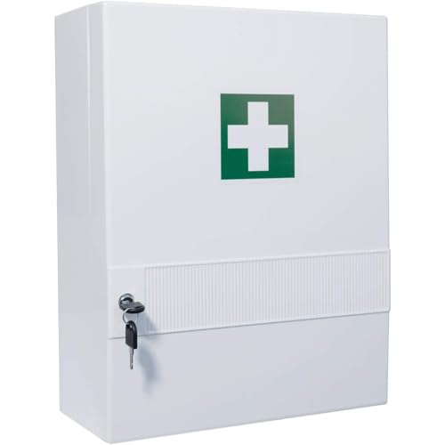 FAP First Aid Products - Erste Hilfe Verbandschrank (leer), Kunststoff Medizinschrank Apothekerschrank mit 10 Fächern (4 herausnehmbar), Sicherheitsschloss – 45 x 34,5 x 16 cm - zum Aufhängen