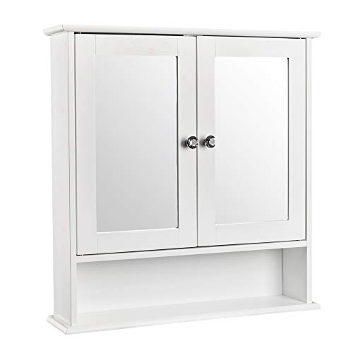 White Bathroom Cabinet - Medicine Cabinet with Mirror - Wall Mounted 2 Door Adjustable Shelf and Bottom Fix Shelves