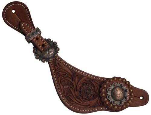 Showman Ladies Size Argentina Cow Leather Floral Tooled Spur Straps w/Copper Conchos