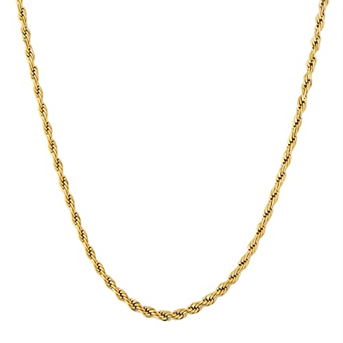 KRKC&CO 2.5mm/6mm Rope Chain, 18K Gold/White Gold Chain for Men, PVD Plating, Stainless Steel Twist Chain Necklace, Solid No Tarnish, Durable Urban Street-wear Hip Hop Jewelry (2.5mm-18k Gold, 22)