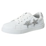 KENSIE GIRL Sneakers Lace Up Non Slip - Fashion Casual Low Top Shoes - White Silver Stars (Size 11 Little Kid)