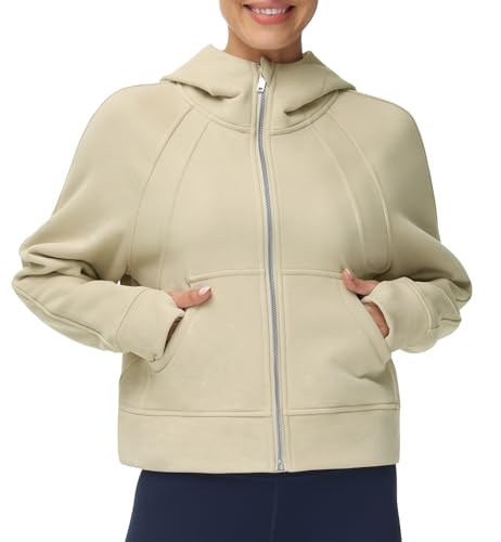 THE GYM PEOPLE Women's Full-Zip Up Hoodies Jacket Fleece Workout Crop Tops Sweatshirts with Pockets Thumb Hole