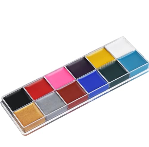 URAQT Tinta corporal e facial, 12 cores de segurança não tóxica pintura de rosto, kit de pintura facial com 30 modelos 2 pincéis, pintura de maquilhagem para crianças Halloween festas cosplay