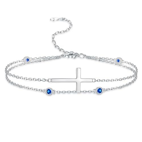 Sterling Silver Cross Birthstone Bracelet: Women Cross Month Stone Double Layer Chain Bracelet Birthday Gift