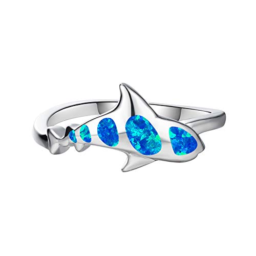 Bamos Shark Ring Opal Rings, 14K White Gold Plated Cute Rings Statement Ring Mounted With Created Opal Shark For Women Girls Men Boys, Rings For Teen Girls, Size 6 7 8 9 10 #TOP4
