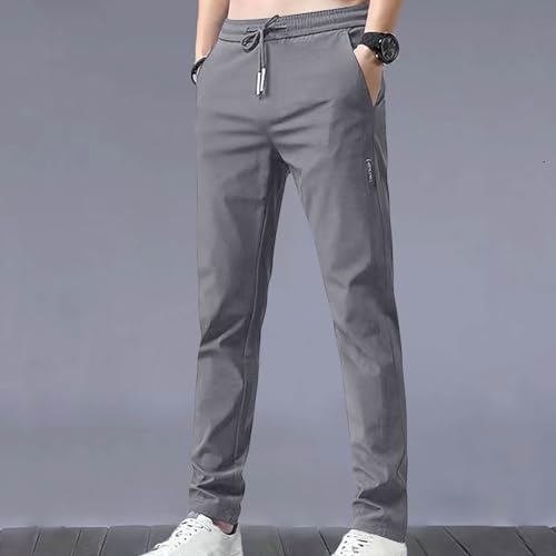 RKSTN Mens Fashion Spring Summer Pants with Pockets Drawstring Elastic Waist Trousers Slim Ice Silk Casual Long Pant2