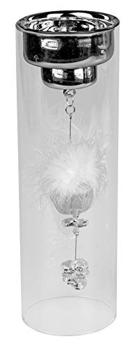 dekojohnson Photophore argenté sur colonne en verre avec décoration en cristal - Photophore en métal sur verre cylindrique - 25 cm