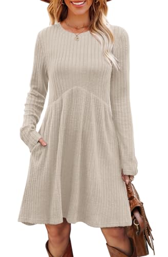 Image of OFEEFAN Long Sleeve Dress for Women Crew Neck Empire Waist Tunic Dress with Pockets